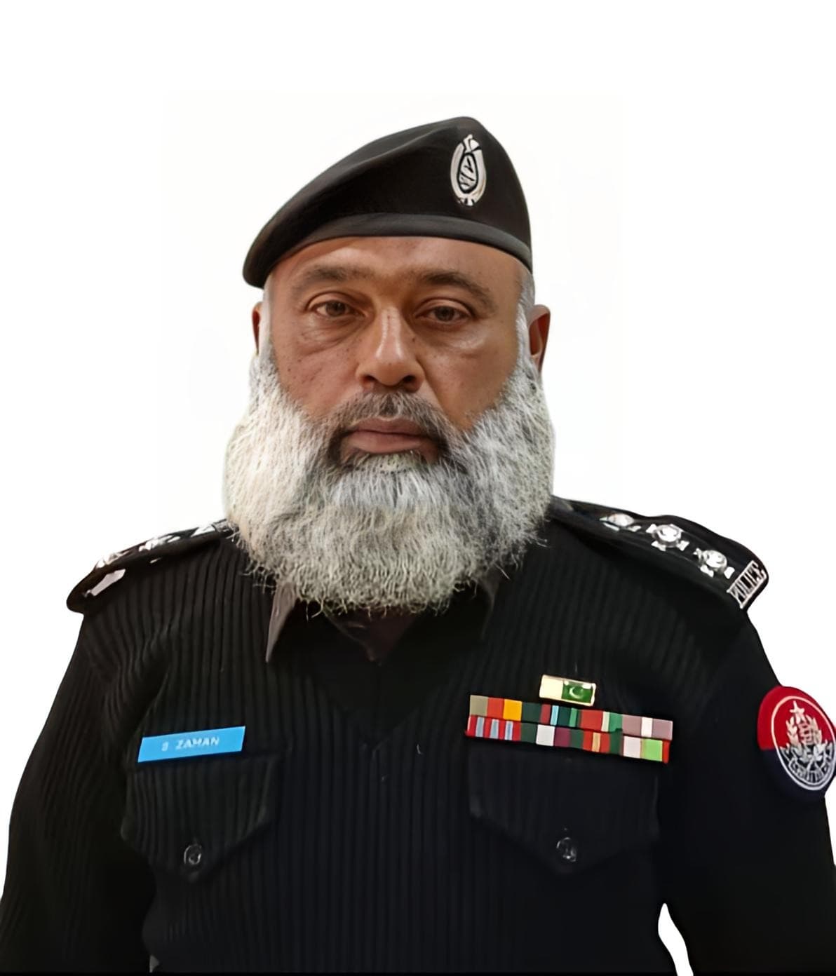 Bearded officer in a black police uniform with service ribbons and a beret.
